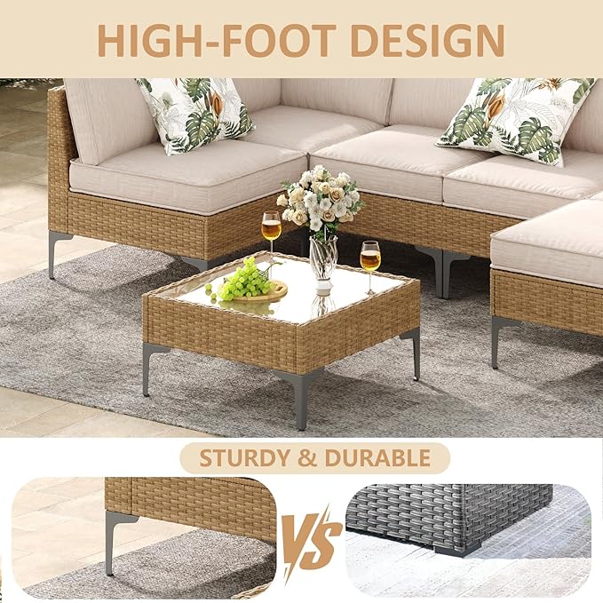 Jing's Villa 7-Piece Outdoor Patio Furniture Set, All-Weather Wicker Sectional Sofa with Coffee Table & Thick Anti-Slip Cushions for Backyard,Lounge,Garden,Deck, Beige