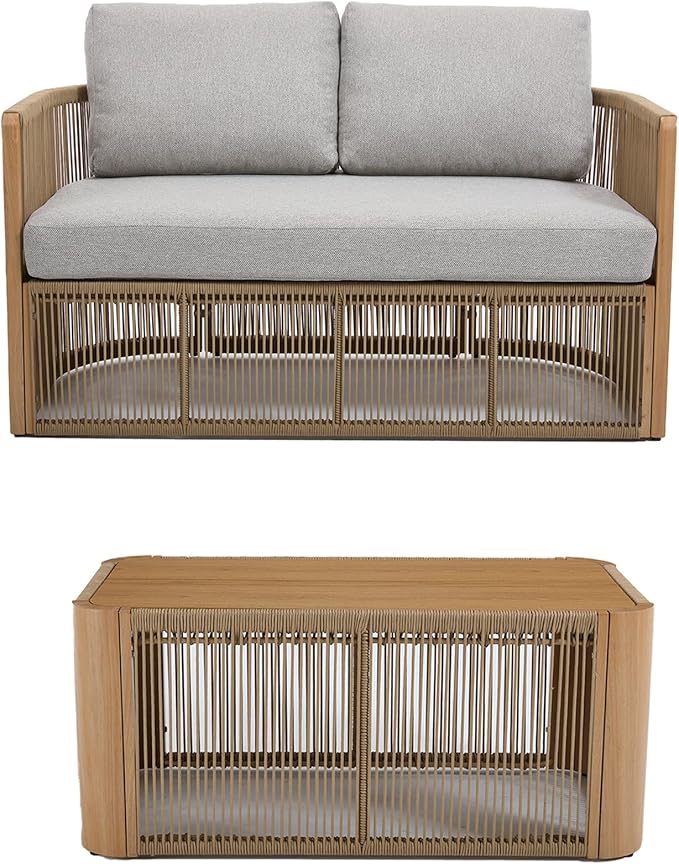 2 Piece Patio Furniture Set, Olefin Rattan Patio Conversation Set, Aluminum Patio Sofa Set, 2 Seat Loveseat with Coffee Table, All Weather Outdoor Sectional Furniture for Backyard/Lawn, Beige