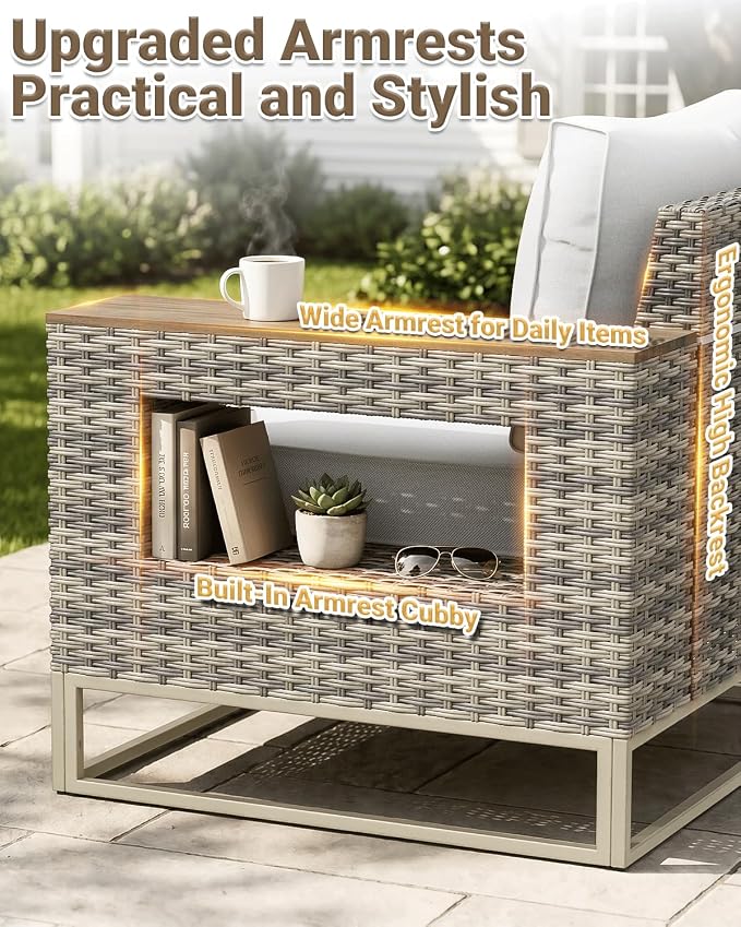Outdoor Patio Furniture Set 6-Piece PE Rattan Wicker Outdoor Sectional Sofa with Thickened Cushions and Chunky Arms, Modern Modular L-Shaped Conversation Set for Garden, Backyard, White
