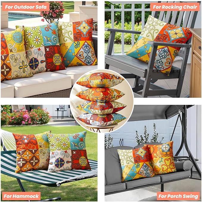 Talavera Mexican Pottery Outdoor Decor Waterproof Pillow Covers 18x18 Set of 4, Talavera Decor Outdoor Patio Furniture Throw Pillows, Fade Resistant Colurful Summer Pillow Covers for Porch and Patio