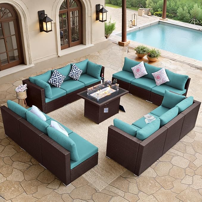 BULEXYARD 13 Piece High Back Wicker Patio Furniture Sets with Fire Pit, Modern Elegant Outdoor Seating Set Modular, Comfy Extra Deep Wide 12-Person Sectional Couch Sofa for Backyard, Brown & Turquoise