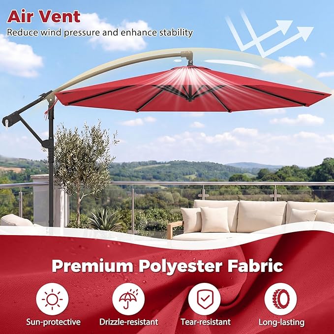 Tangkula 10ft Patio Umbrella with Base Included, Offset Cantilever Outdoor Umbrella with 360 Degree Rotation, Crank Handle, Sun-Protective Canopy for Pool Deck Garden Backyard (Red)
