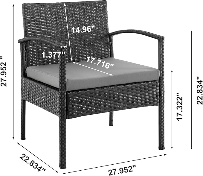 Manhattan Comfort Noli 3-Piece Patio Conversation Set, Outdoor Furniture Made of Steel Rattan | Includes 2 Modern Armchairs, Tempered Glass End Table, Removable Waterproof Cushions, Grey