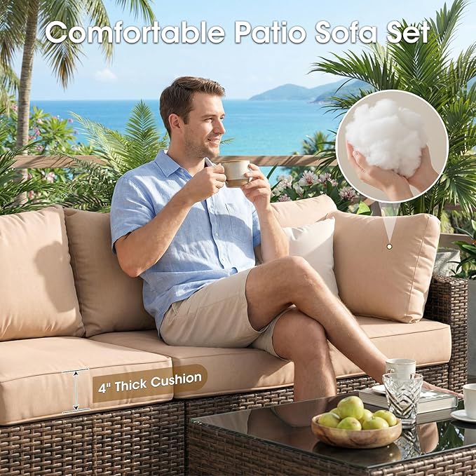 7 Piece Patio Furniture Set, Outdoor Wicker Sectional Sofa - All Weather High Backrest PE Rattan Couch Conversation Set with Cushion & Glass Top Table for Backyard Deck (Beige, L-7 pcs w/Glass Table)