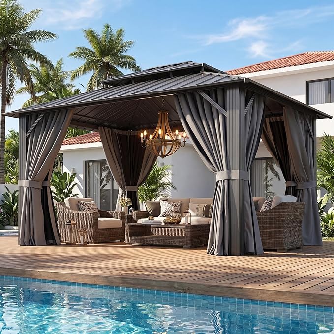 Aoxun 10x12 Gazebo Hardtop Gazebo with Double Galvanized Steel Roof Outdoor Pavilion with Breathable Netting and Privacy Curtain for Backyard (Gray)