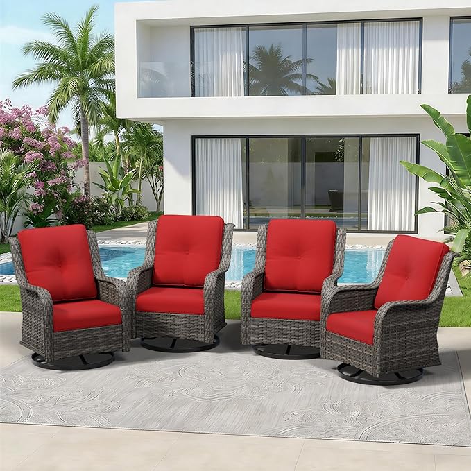 4 Piece Outdoor Swivel Rocker Patio Chairs Set, Patio Chairs Set of 4 with Thickened Olefin Cushions, High Back and Deep Seating, Hand-Woven PE Rattan for Porch, Deck, Red