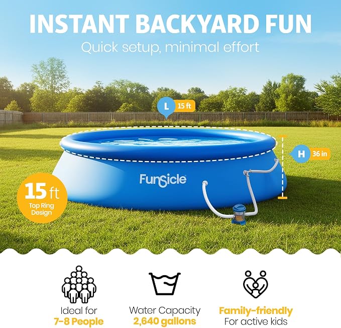 Funsicle Quickset 15' x 36" Round Above Ground Swimming Pool, with FiltraBoost 800 GPH Filter Pump, Type D Filter Cartridge & Repair Patch