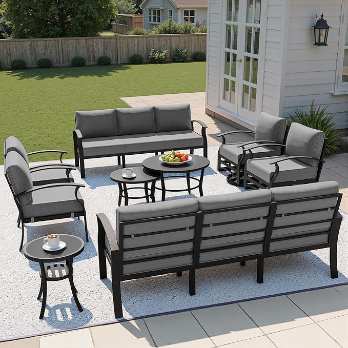 Kullavik Aluminum Patio Furniture Set with Round Coffee Tables,10-seat Metal Outdoor Sectional Furniture w/5.1" Cushions,Patio Conversation Sets with Swivel Chairs for Garden,Backyard,Porch-Grey