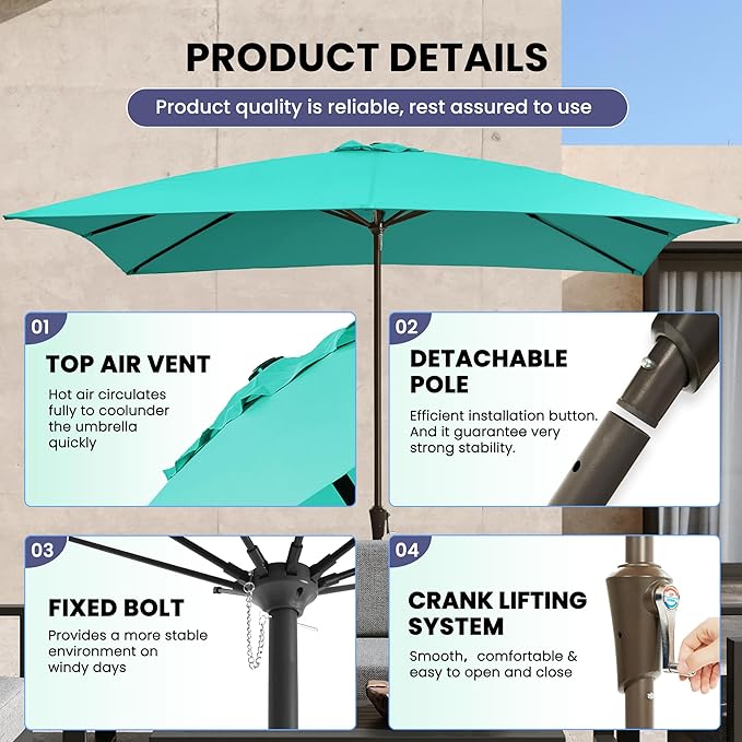 Ayge 8x10FT Large Rectangular Patio Umbrella Outdoor Table Umbrella w/Crank Rectangle Market Umbrella UV Protection for Garden, Deck,Lawn,Yard & Pool,Turquoise