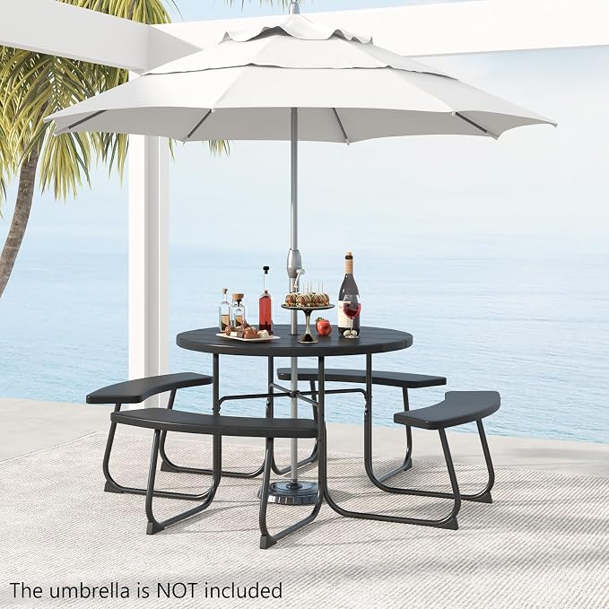 COSTWAY Round Picnic Table with Umbrella Hole, Outdoor Picnic Table with Bench Set for 4-8 People, HDPE Tabletop, Patio Dining Furniture Set for Family Gatherings, BBQ Party, Backyard (Black)