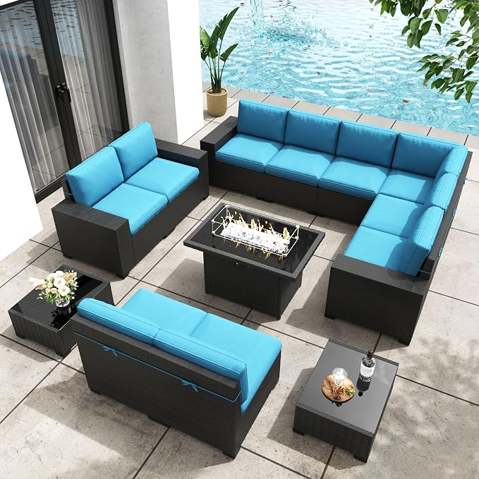 Patio Furniture Set with Fire Pit Table, 13 Pieces Outdoor All-Weather Wicker Conversation Sectional Chair Sofa Set