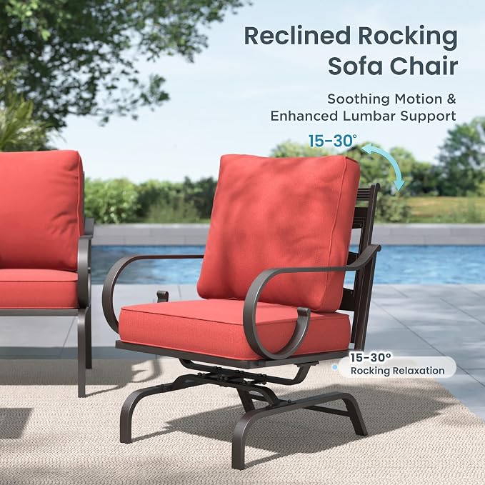 PHI VILLA Patio Furniture Set, 3-Seater Sofa, 2 Rocking Chairs and a Coffee Table, Outdoor Metal Conversation Set with 5.75" Extra Thick Cushion for Garden Backyard Deck, Red
