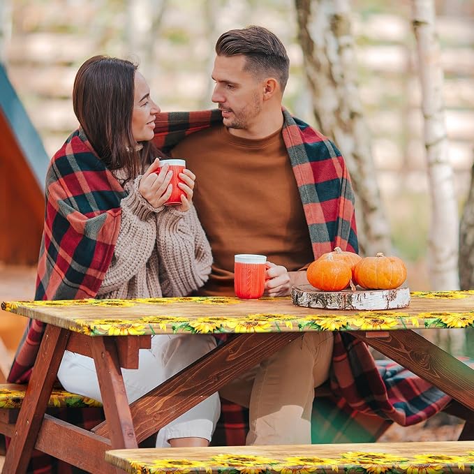 Boao 3 Pcs Vinyl Picnic Table Cover with Bench Cover 6 ft 30 x 72 Inch Waterproof Fitted Tablecloth Flannel Backing Rectangular Elastic Edged for Camping Outdoor Patio Travel(Retro Sunflower)