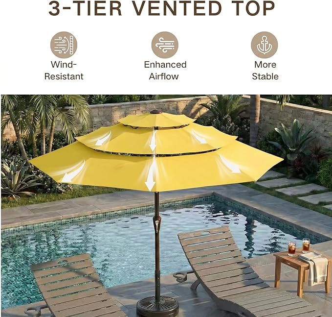 Kingdura 10ft 3-Tier Patio Umbrella with Solar Lights, Table Umbrella Outdoor Patio with Easy Crank & Tilt, 8 Sturdy Ribs, UV Protection, 32 LED Lights for Deck, Poolside, Market (Yellow)