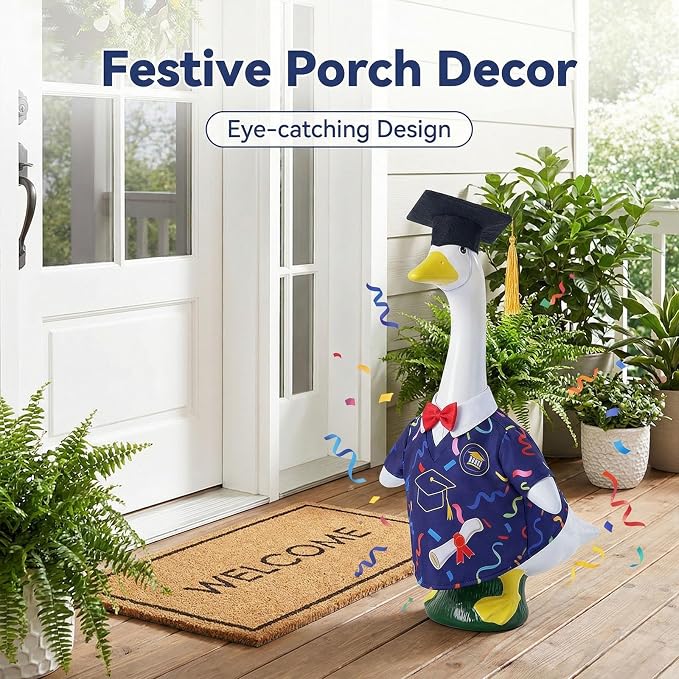 Graduation Porch Goose Outfits - 2Pcs Grad Cap & Gown Goose Outfits for 23 Inch Goose Statues, Includes Cap and Gown with Red Bowtie, Grad Porch Goose Decor for Lawn Garden Yard Party