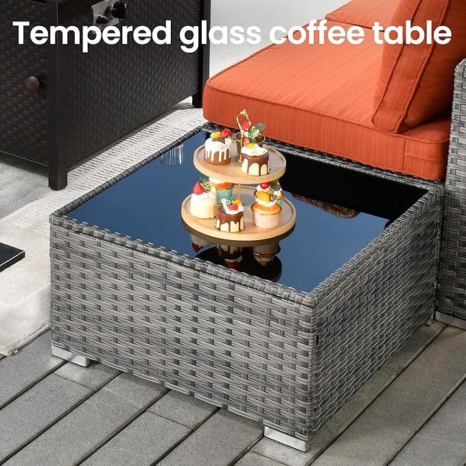 7 PCS Outdoor Patio Furniture Sets,Wicker Weather Resistant Patio Conversation Set with Comfy Cushions,Modular L Shaped Sofa with Coffee Table for Yard Backyard Porch Garden Poolside,Orange Red