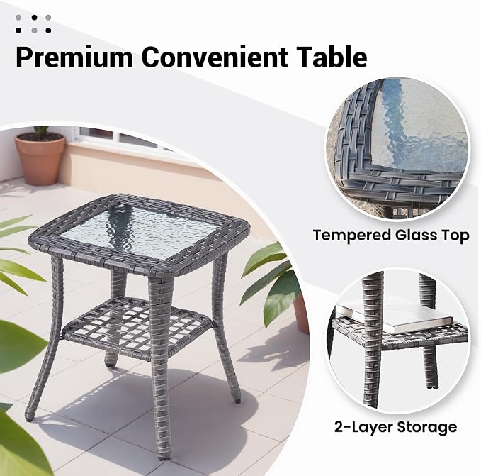 ovios Outdoor Side Table with Tempered Glass Top, Patio Wicker Rattan 2-Tier Storage Coffee End Tables for Porch Deck Balcony Garden Poolside (Grey-Small Size)