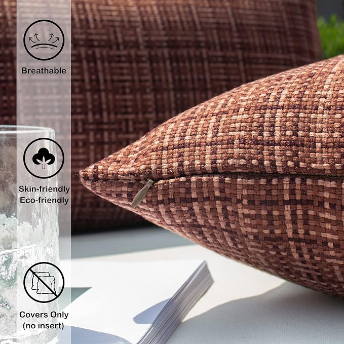 Kevin Textile Outdoor Waterproof 12"x20" Lumbar Pillow Covers 2 Pack Coffee | Water Resistant, Faux Linen Yarn-dyed, Woven Texture Throw Pillow Covers for Tent Patio Garden Couch Sofa