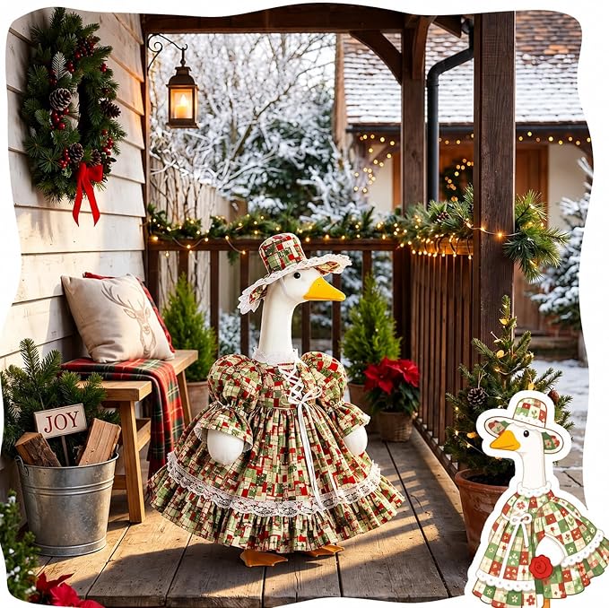 Suzile Christmas Porch Goose Outfit Xmas Present Goose Clothes for 23" High Cement or Plastic Geese Costume for Yard Lawn Outdoor Garden Patio Statue Xmas Duck Dresses Holiday Decor