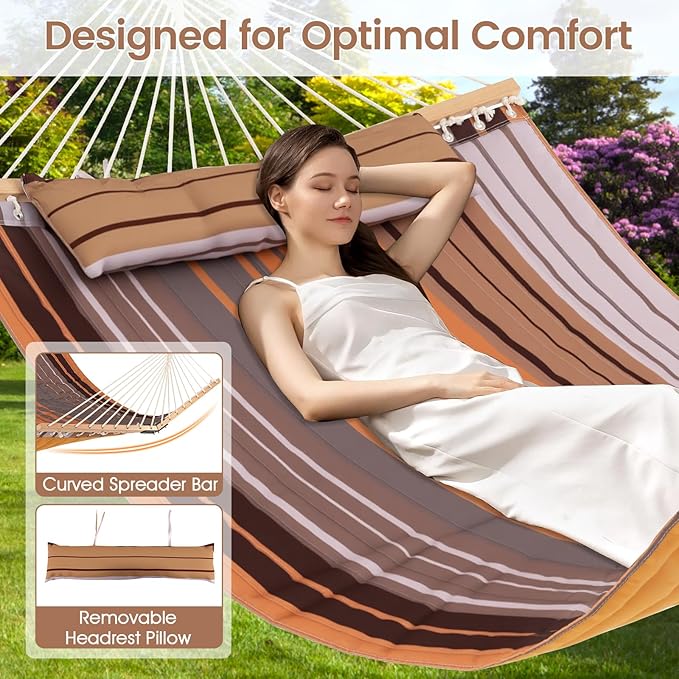 Giantex Hammock Swing Camping Hammock for Stand with Spreader Bar, Detachable Pillow, Hand Woven Cotton Ropes, Outdoor Hammocks for Patio, Backyard, Poolside(Hammock Without Stand) (Coffee)