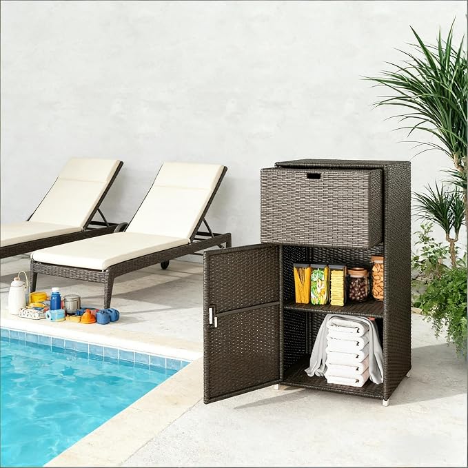 Tall Outdoor Storage Box and Wicker Deck Box Cabinet with Magnetic Doors and Drawer, Resin Rattan Patio Organizer for Poolside Towels and Garden Tools, 23.6 x 23.6 x 47.2 Inches, Dark Brown