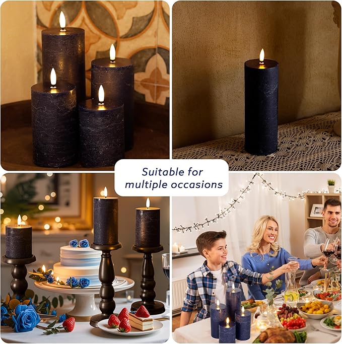 Navy Blue Flameless Candles, Real Wax Battery Operated Candles with Remote, Flat Top Flickering LED Pillar Candles for Home Party Wedding Holiday Decor, Set of 3 (H 4" 5" 6" x D3)