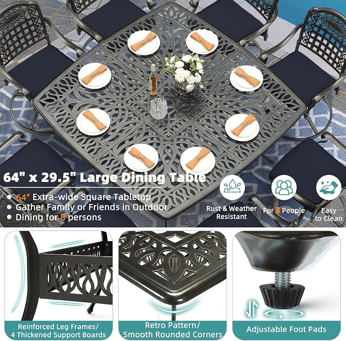 MEETWARM 9-Piece Outdoor Patio Dining Set, All Weather Cast Aluminum Patio Funiture Table and Chairs Set- Large 64" Square Table and 8 Cushioned Swivel Rocker Chairs, Umbrella Hole, Navy Blue