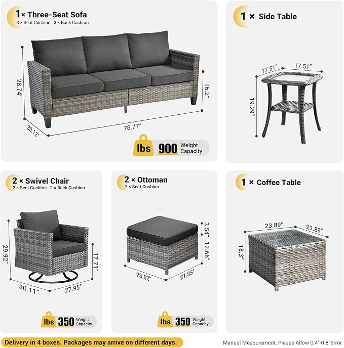 ovios 7 Pieces Patio Furniture Set, Outdoor Wicker Sofa with Rocking Swivel Chairs, Coffee Table, High Back Grey Rattan Conversation Set for Backyard Deck Porch, Black
