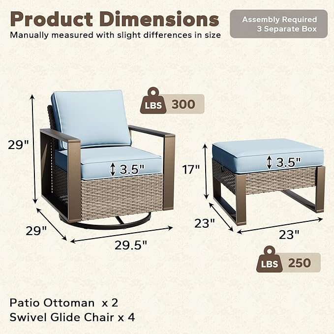 6 Pieces Metal Wicker Patio Furniture Set - Four Swivel Chairs and Two Ottomans, All Weather Rattan Outdoor Conversation Furniture with Washable Cushion for Deck Porch, Baby Blue