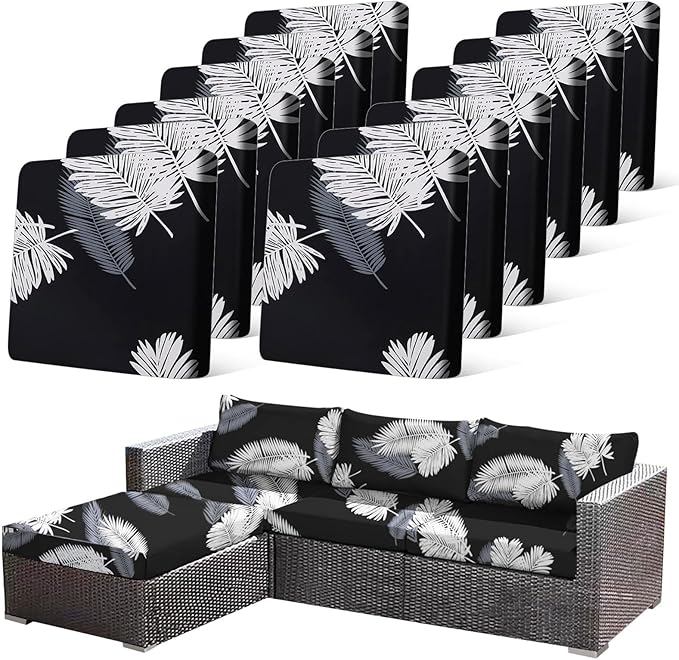 CALBODE 12Pcs Stretch Patio Cushion Covers Dustproof Outdoor Cushion Covers Washable Patio Couch Cover Slipcovers for Outdoor Furniture Protector Replacement(Black Palm Leaves, Cover Only)