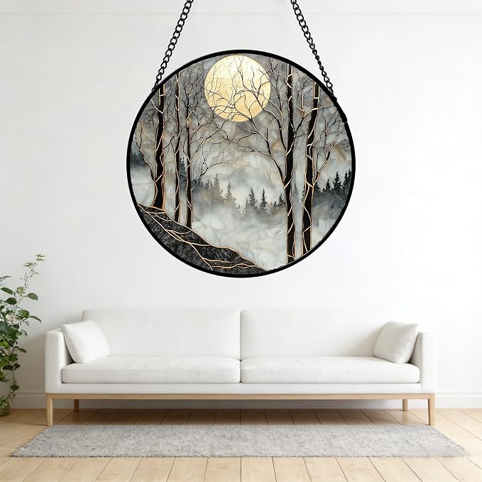 Stained Glass Window Hanging - Grey Moon Forest Sun Catcher for Door Home Decor Suncatcher Christmas Mother's Day Birthday Gifts for Women Men Lovers Mom Nana 7.8 in
