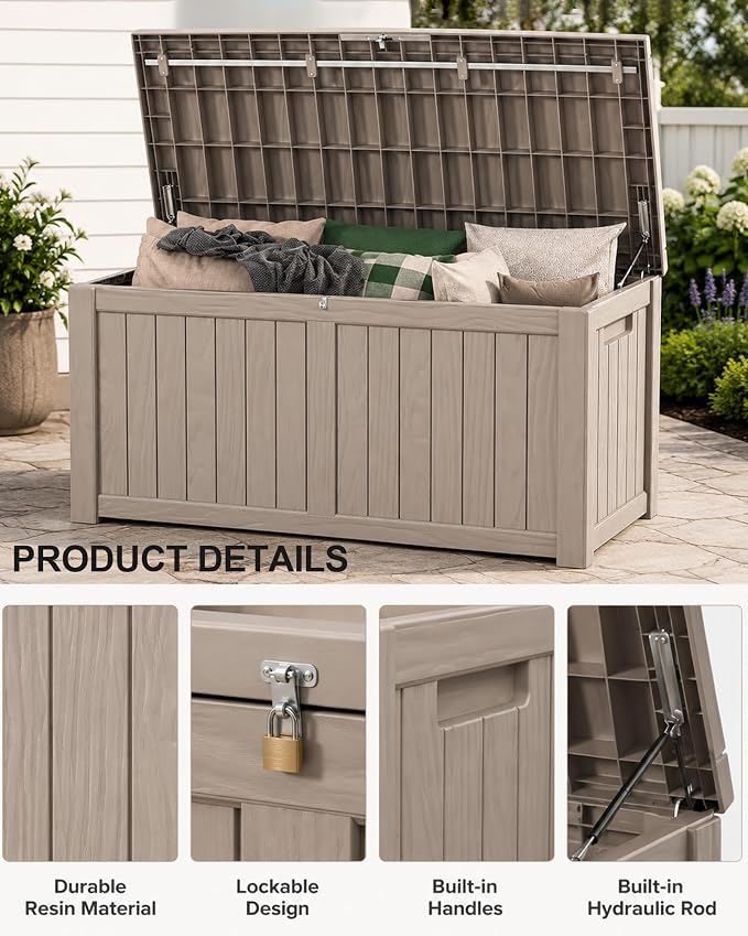 MAKINO 155 Gallon Waterproof Outdoor Storage Box, Large Lockable Deck Box, Indoor Outdoor Resin Storage Bench with Hydraulic Rod for Patio/Cushions/Garden Tools/Backyard/Pool Accessories, Grey Brown