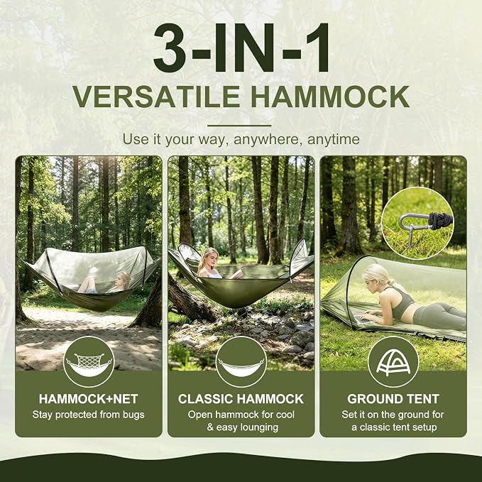 Camping Hammock with Mosquito Net, 3 in 1 Portable Hammock Tent 440lbs Capacity Attached Storage Pocket Single Nylon Hammock Set for Outdoor Travel Camping Hiking Backpacking (Army Green)