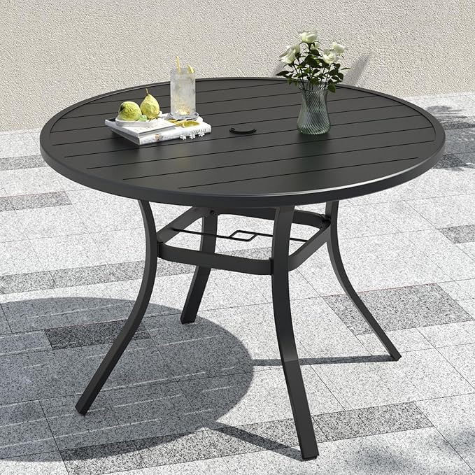 4 Person Black 41" Outdoor Patio Round Dining Table, Metal Slat Top & Frame | Black, Metal Slat Top and Frame, All Weather, 1.57-1.9 inch Adjustable Umbrella Hole, 3.4ft, 4 Person