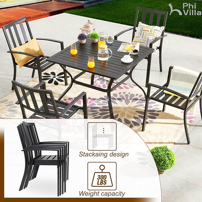 PHI VILLA 5 Piece Outdoor Dining Set with 10ft Umbrella, 37" Square Metal Dining Table & 4 Stacking Metal Chair with 3 Tier Red Umbrella for Patio, Deck, Yard, Porch