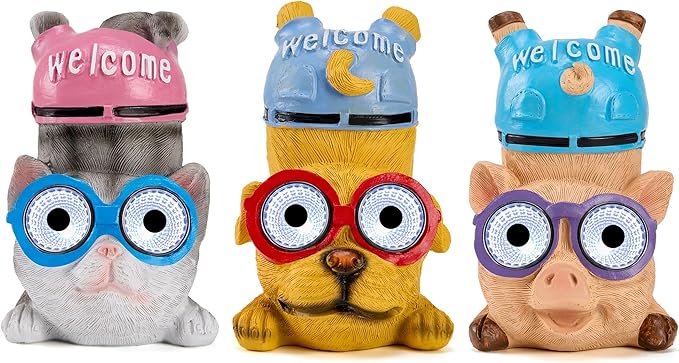 pearlstar 3 Pack Solar Lights Outdoor Garden Statues Resin Animal with Welcome Sign, Cat Dog Pig Solar Figurines LED Lights Waterproof Outside Decor for Patio Yard Lawn Pathway Christmas Ornaments