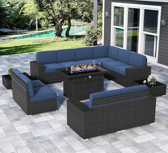 13 Pieces Patio Furniture Set with 44" Propane Gas Fire Pit Table, Outdoor Sectional Wicker Conversation Sofa Sets with Coffee Table