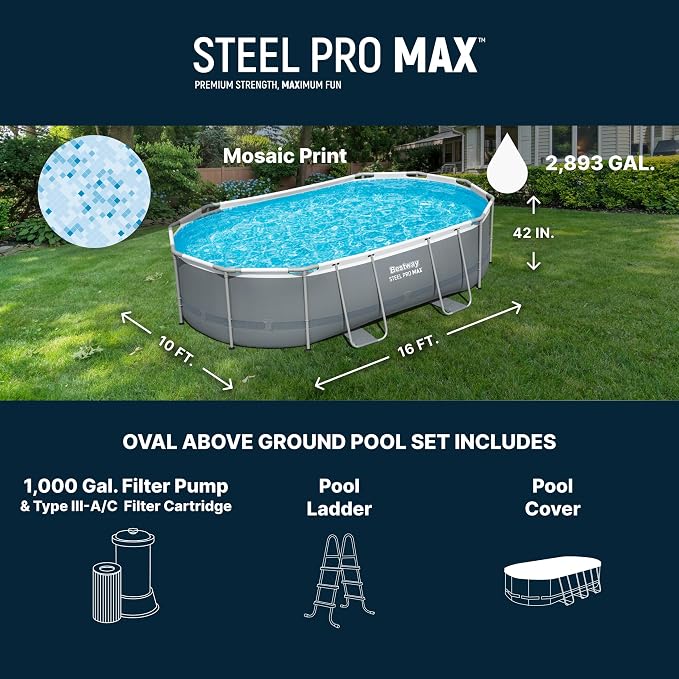 Bestway Steel Pro MAX 16' x 10' x 42" Above Ground Pool, Oval Metal Frame Outdoor Swimming Pool Set with Filter Pump, Ladder, and Cover, Gray