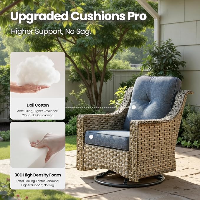 3 Piece Patio Furniture Set, Outdoor High Back Swivel Rocker Chairs Set of 2 with Side Table, All Weather Wicker Glider Chair with Thick Cushions for Backyard Balcony Porch, Denim Blue