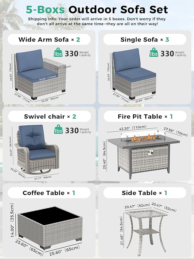10 Piece Outdoor Wicker Rattan Sectional Sofa Set with Swivel Chairs & Fire Pit Table, 7-Seats with 4" Thickened Cushions & Coffee Table, All-Weather PE Rattan for Garden, Backyard, Porch, Blue