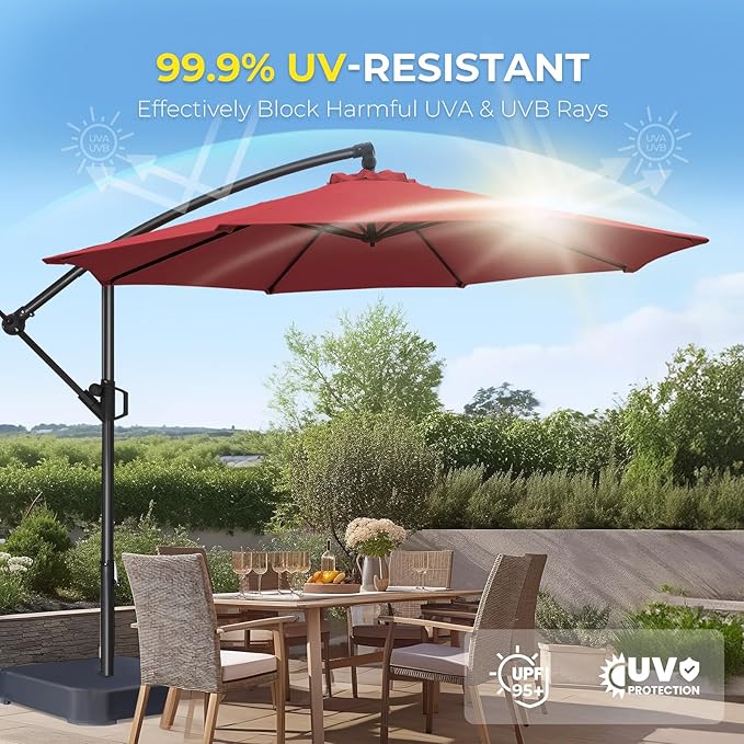 HOMSHADE 10ft Patio Umbrella with Base Included, Cantilever Umbrella UPF50+ UV Protection with Easy Tilt and Crank for Pool Deck and Garden(Red)
