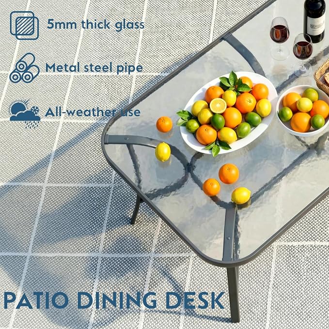 Arlopu 7-Piece Outdoor Table and Chairs for 6, Outdoor Dining Set W/Rectangle Glass Table and 6 Patio Textilene Stackable Chairs, Patio Furniture Set W/Umbrella Hole (Grey Table & Navy Blue Chair)