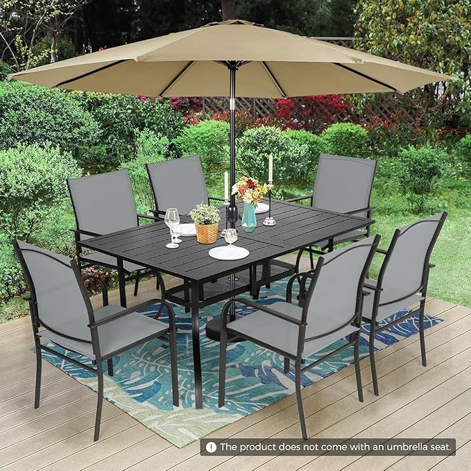 7-Piece Patio Dining Set with Umbrella,6 Person Outdoor Table and Chairs Set, 6 Metal Dining Chairs and Rectangular Outdoor Table with 1.57" Umbrella Hole,Grey
