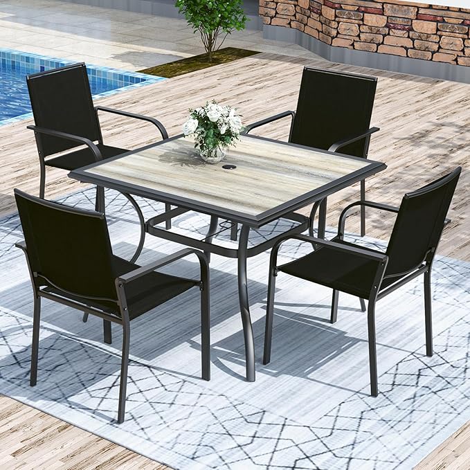 Anmutig Outdoor Dining Table with Square Wooden-Like PVC Table Top and Umbrella Hole for Bistro, Garden, Poolside, Backyard -Laminated Top Black Metal Steel Frame