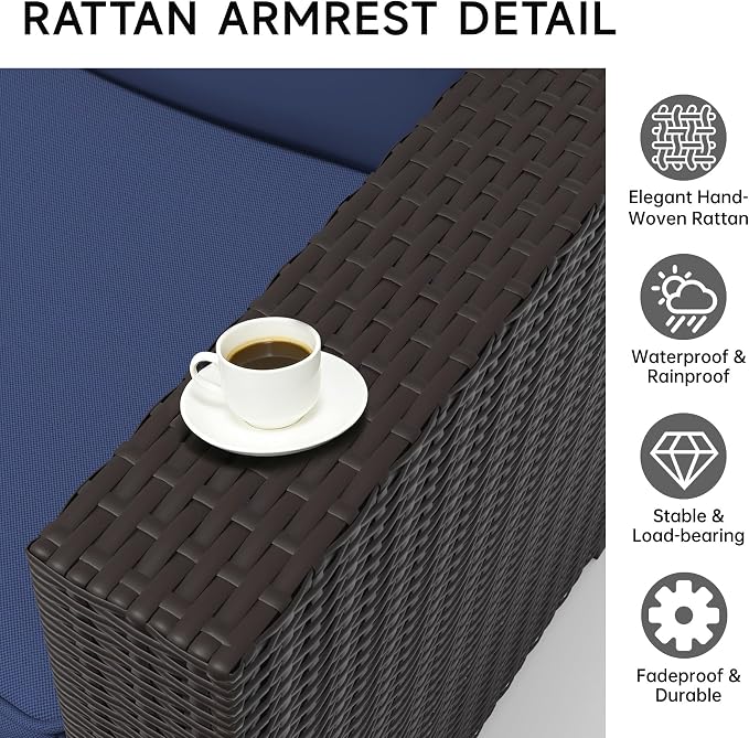 7 Pieces Outdoor Patio Furniture Set, Wicker Modular Sectional Sofa, All Weather Conversation Sets with Glass Table for Yard, Garden, Poolside, Dark Brown Rattan & Navy Blue Cushions