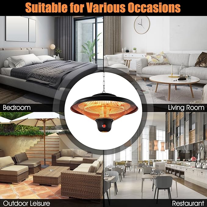 COSTWAY Hanging Patio Heater, 1500W Electric Ceiling Infrared Heater with Remote Control, 3 Heat Settings, Indoor Outdoor Heater for Large Room, Backyard, Balcony (Black)