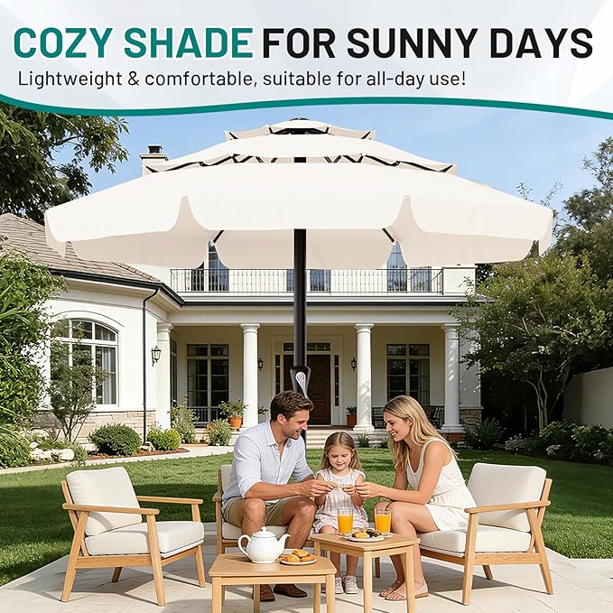 AreShark 11FT 3-Tiers Patio Umbrella with Valance, Outdoor with Crank, Large Outdoor Market Umbrellas Vented with 8 Sturdy Ribs, Patio Table Umbrellas for Garden, Deck, Backyard, Pool, Cream White