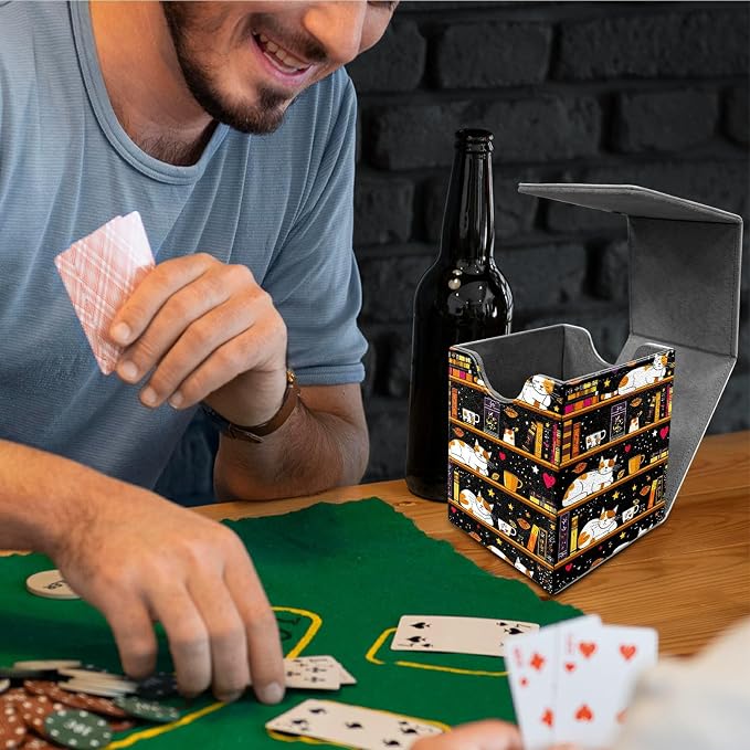 Deck Box for MTG, Cards Storage Box Fits 120+ Sleeved, Leather Medium Size Strong Magnetic Closing Card Case for Board Games Magic TCG CCG Baseball Collection, Black Book Cat
