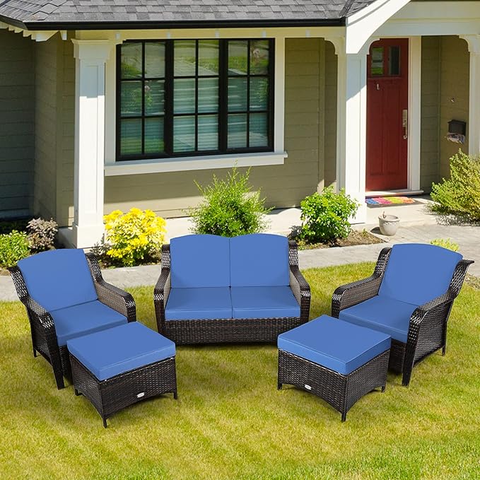 Tangkula 5 Pieces Patio Furniture Set, Outdoor Rattan Conversation Sofa Set with Loveseat, Single Sofas and Ottoman, Sectional Sofa Set with Removable Cushions for Porch, Backyard, Balcony, Lawn