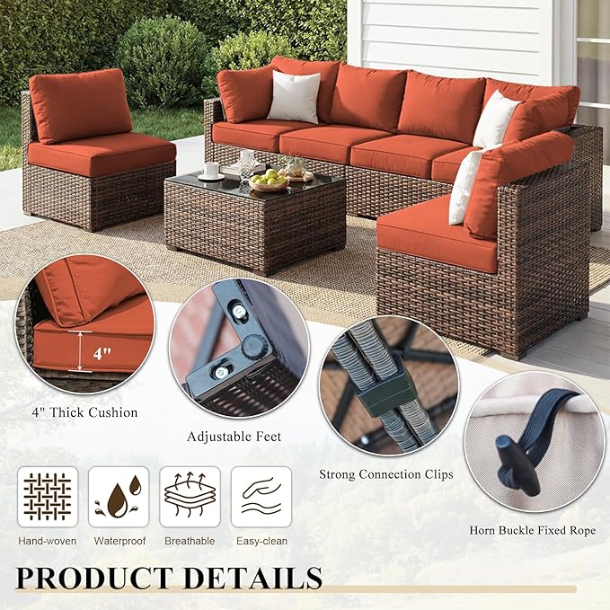 7 Pieces Patio Furniture Set, Rattan Outdoor Sectional Conversation Sets, All Weather Outdoor Furniture Set with Cushions for Garden Lawn Balcony Porch Deck Red